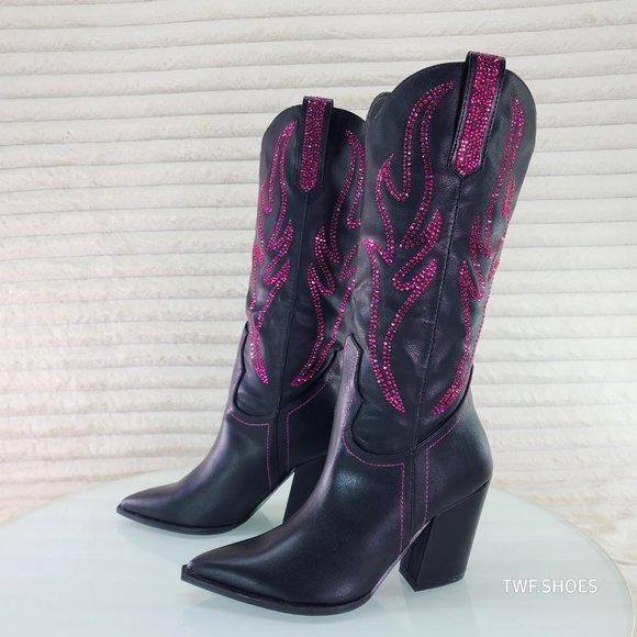 Mileage Pink Rhinestone Design Black Country Western Cowgirl Boots - Picture 9 of 10